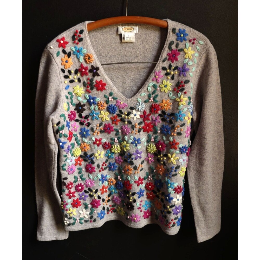 Vtg 90s Fairycore Embroidered Lambswool Sweater Cutecore Cottage 3D Floral M